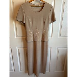 Nicole Studio New York Vintage Tan Floral Embroidered Maxi Dress Short Sleeve